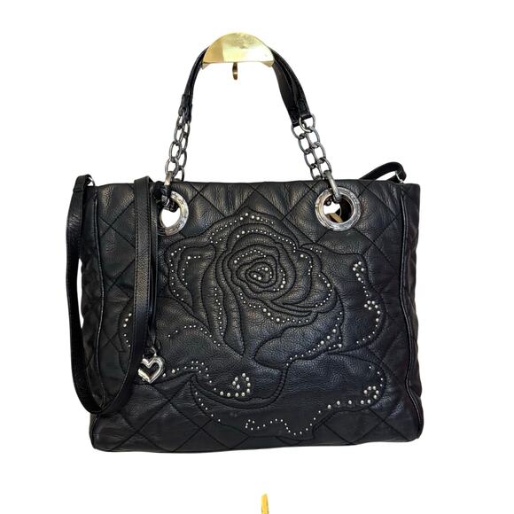 Brighton Linaria Logan Quilted Bag Black Leather Beaded Rose Crossbody E590548 - Picture 1 of 12